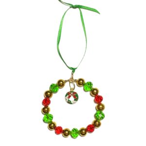 Ornament-Green, Red, Gold with Wreath Charm