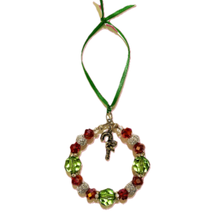 Ornament-Red, Green, Silver, with Candy Cane Charm